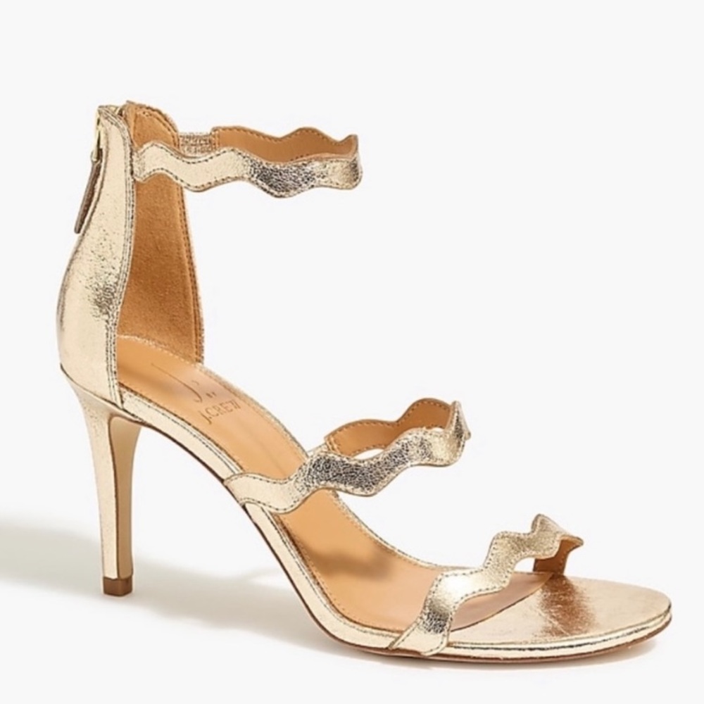 JCrew Factory Three strap Metallic scalloped heels, size 7.5